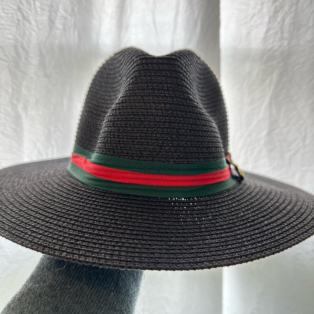 Designer Copy - Black Straw Fedora with Green and Red Bee Band - Picture 5 of 6
